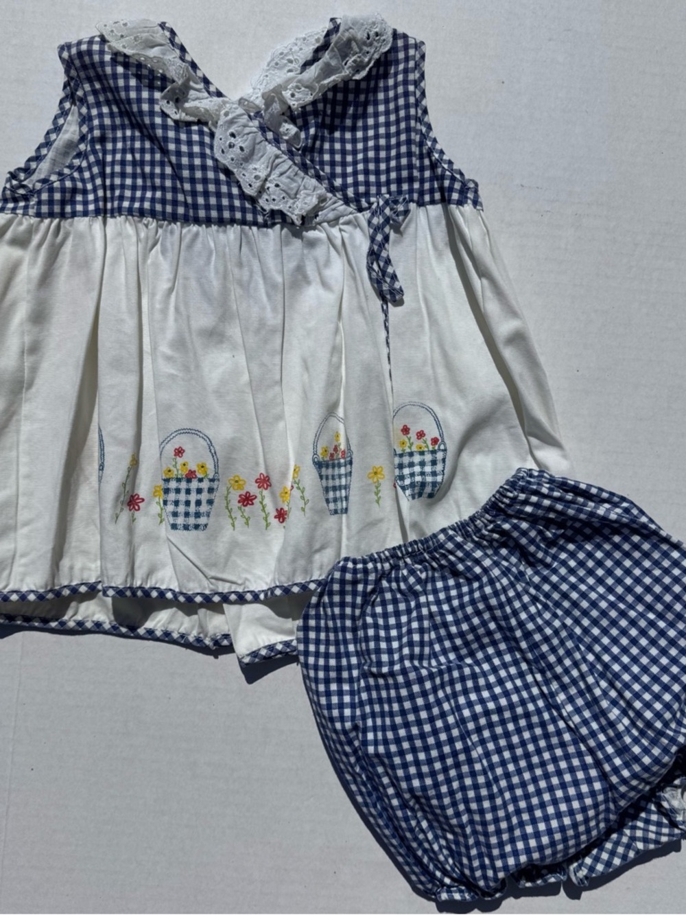 Vintage Baby Outfit Set Blue Gingham Floral Basket Print 18M